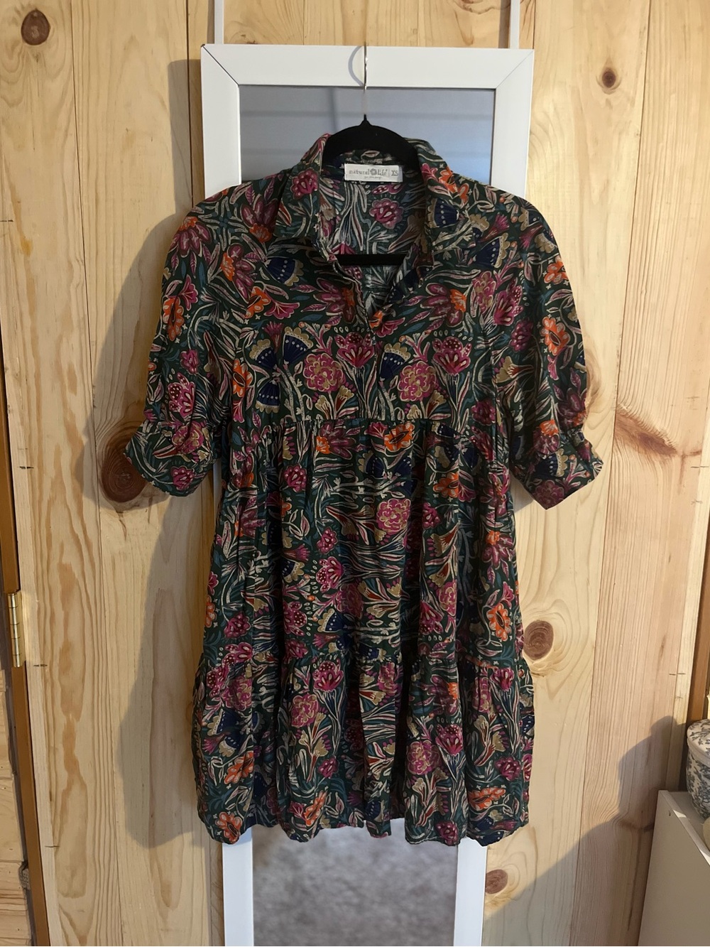Natural Life Green Floral Shirt Dress 100% Rayon